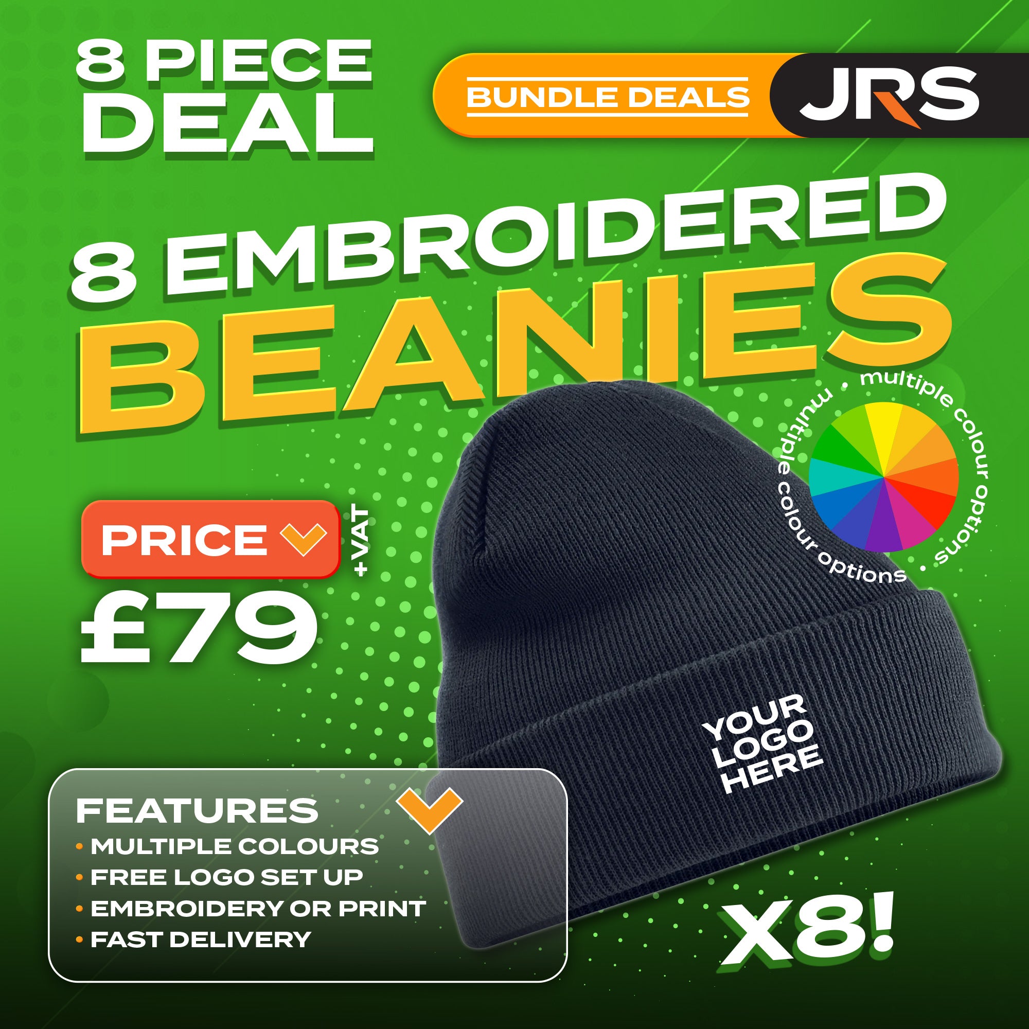8x Embroidered Beanie Hats Bundle Deal