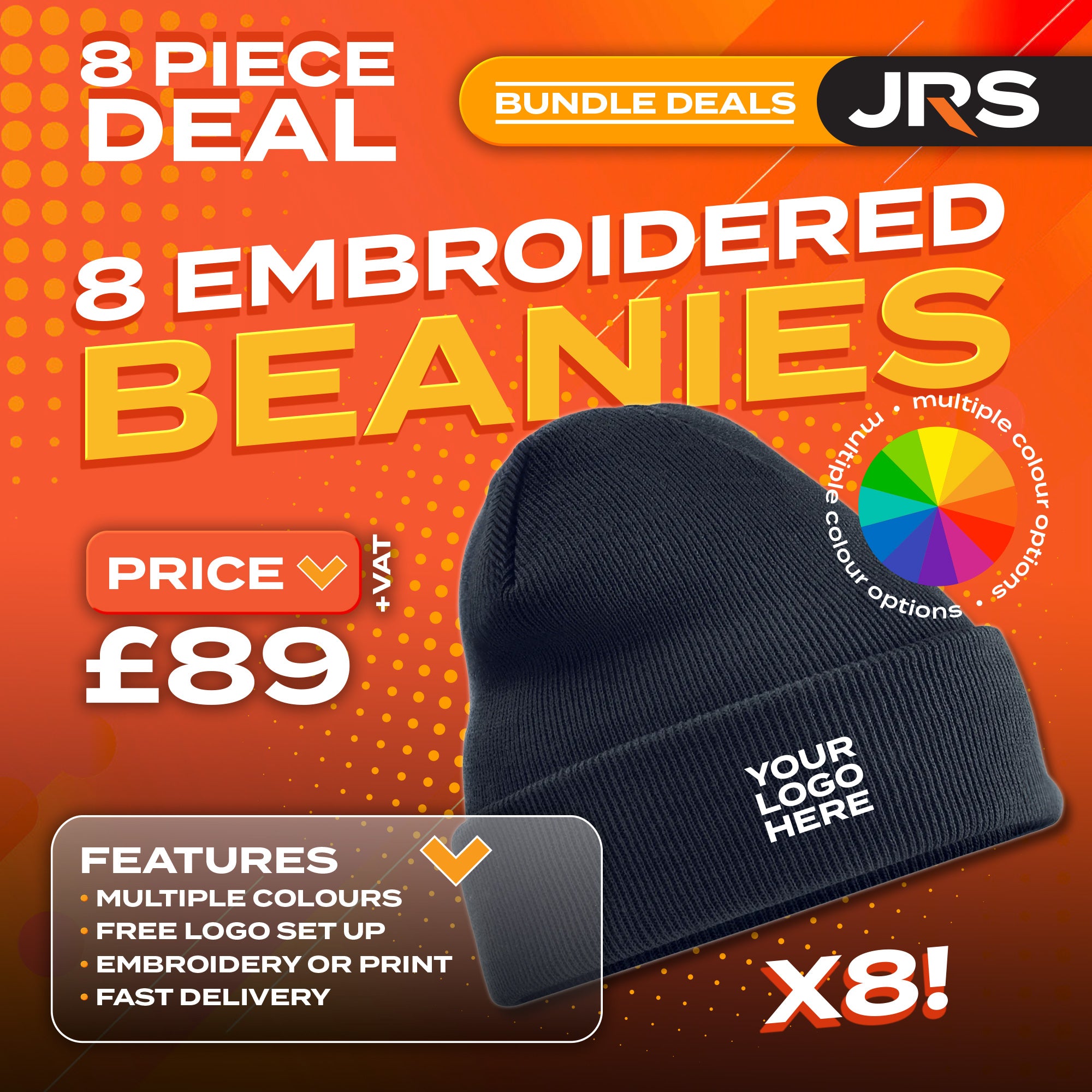 8x Embroidered Beanie Hats Bundle Deal