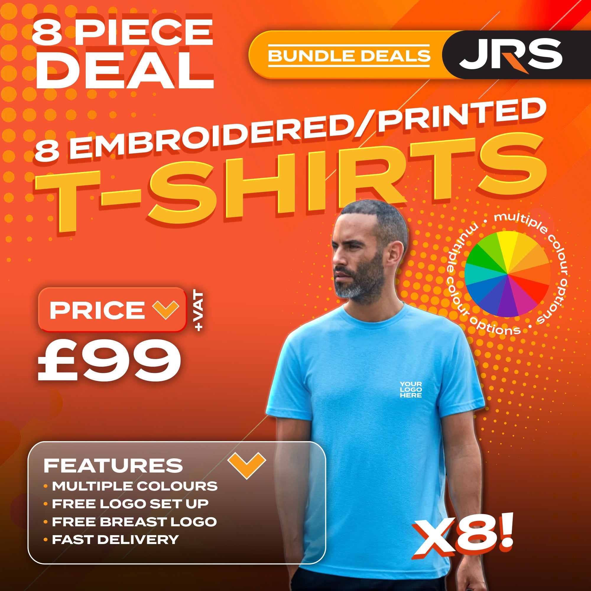 8 Personalised Embroidered/Printed Work T-Shirts with Free Logo