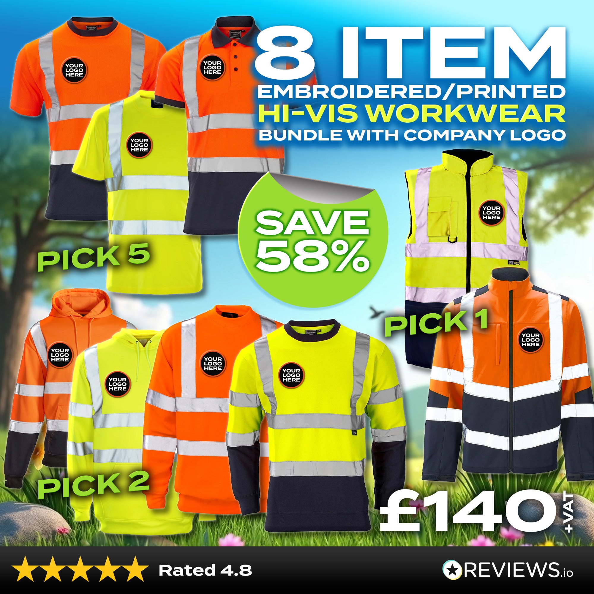 8 Item Embroidered/Printed Hi-Vis Workwear Bundle - Supertouch Polos, T-Shirts, Hoodies & Bodywarmer