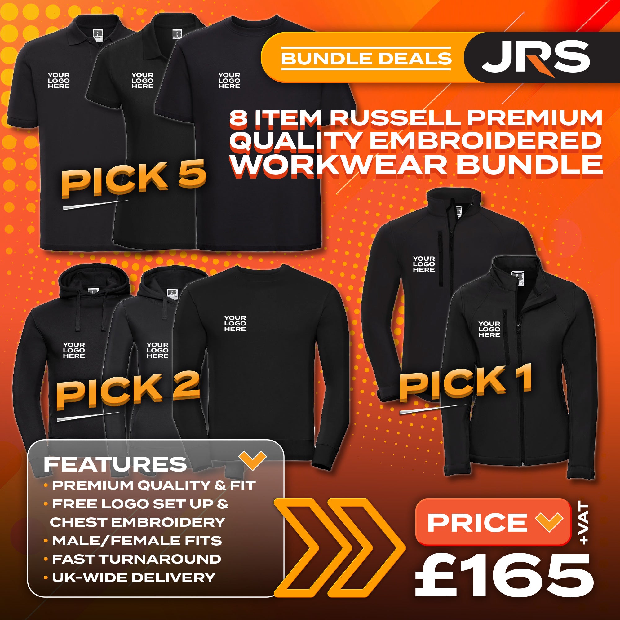 8 Item Russell Premium Quality Embroidered Workwear Bundle with Free Logo