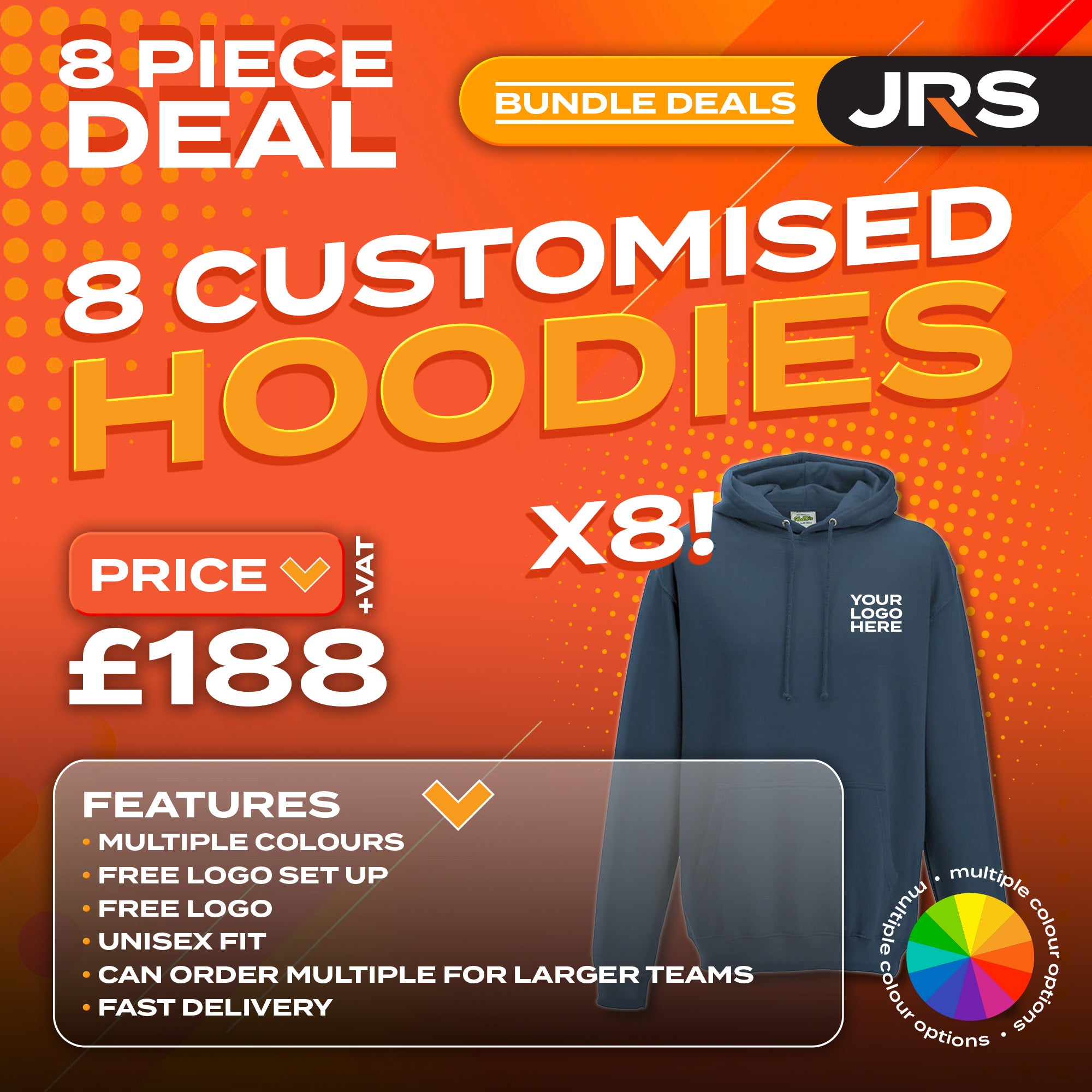 8 Personalised Embroidered/Printed Hoodies with Free Logo