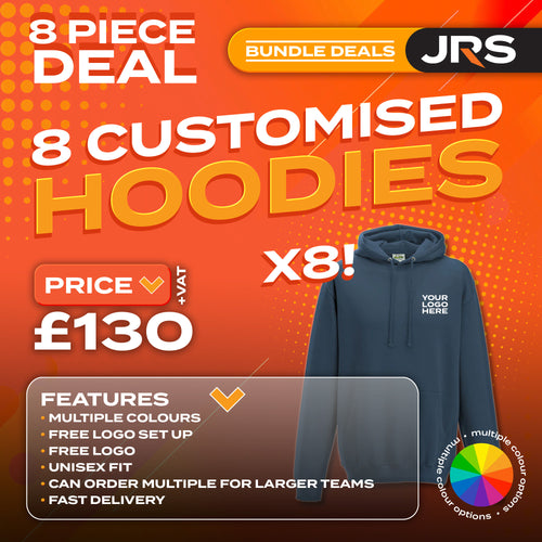 8 Personalised Embroidered/Printed Hoodies with Free Logo