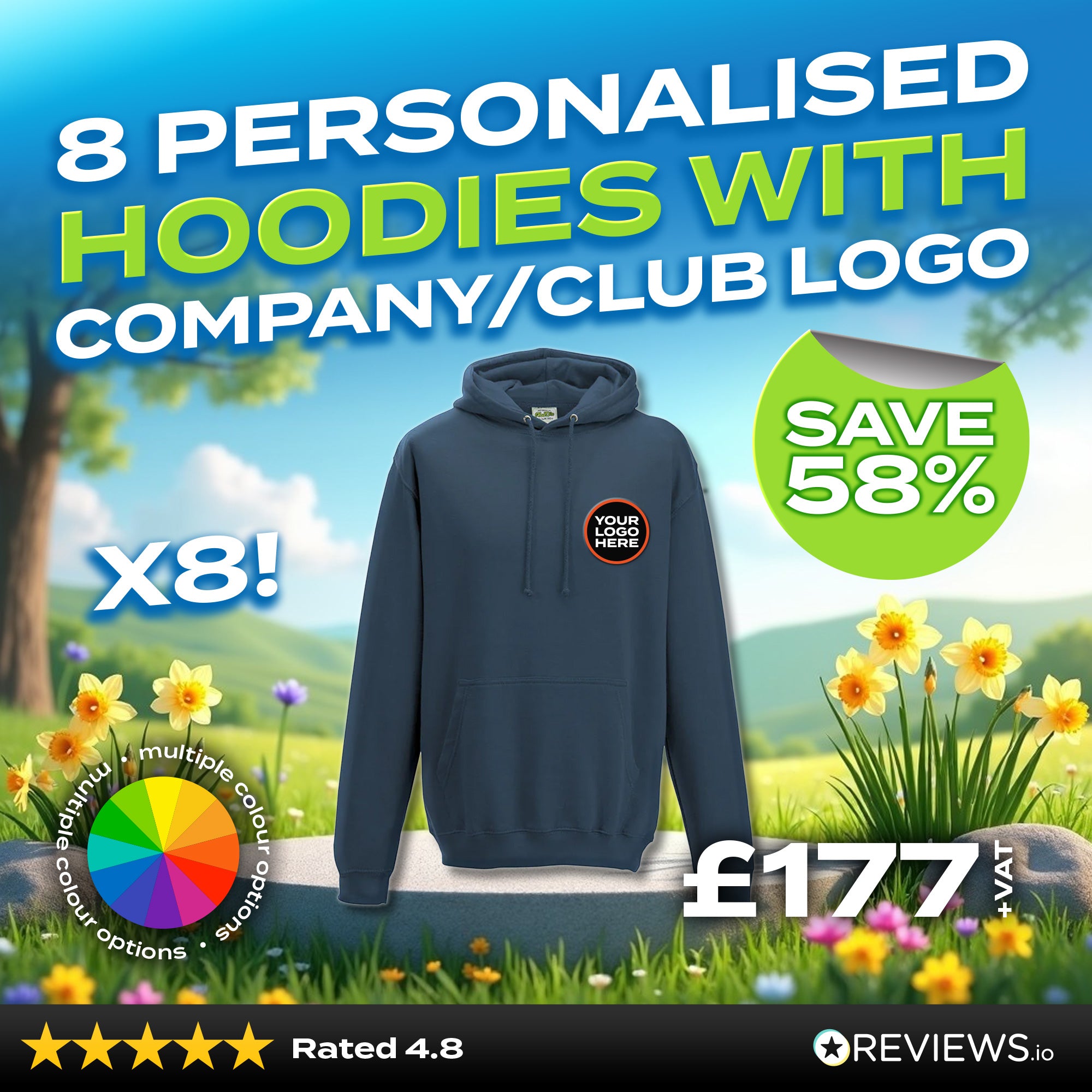 8 Personalised Embroidered/Printed Hoodies with Free Logo