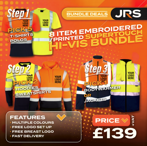 8 Item Embroidered/Printed Hi-Vis Workwear Bundle - Supertouch Polos, T-Shirts, Hoodies & Bodywarmer