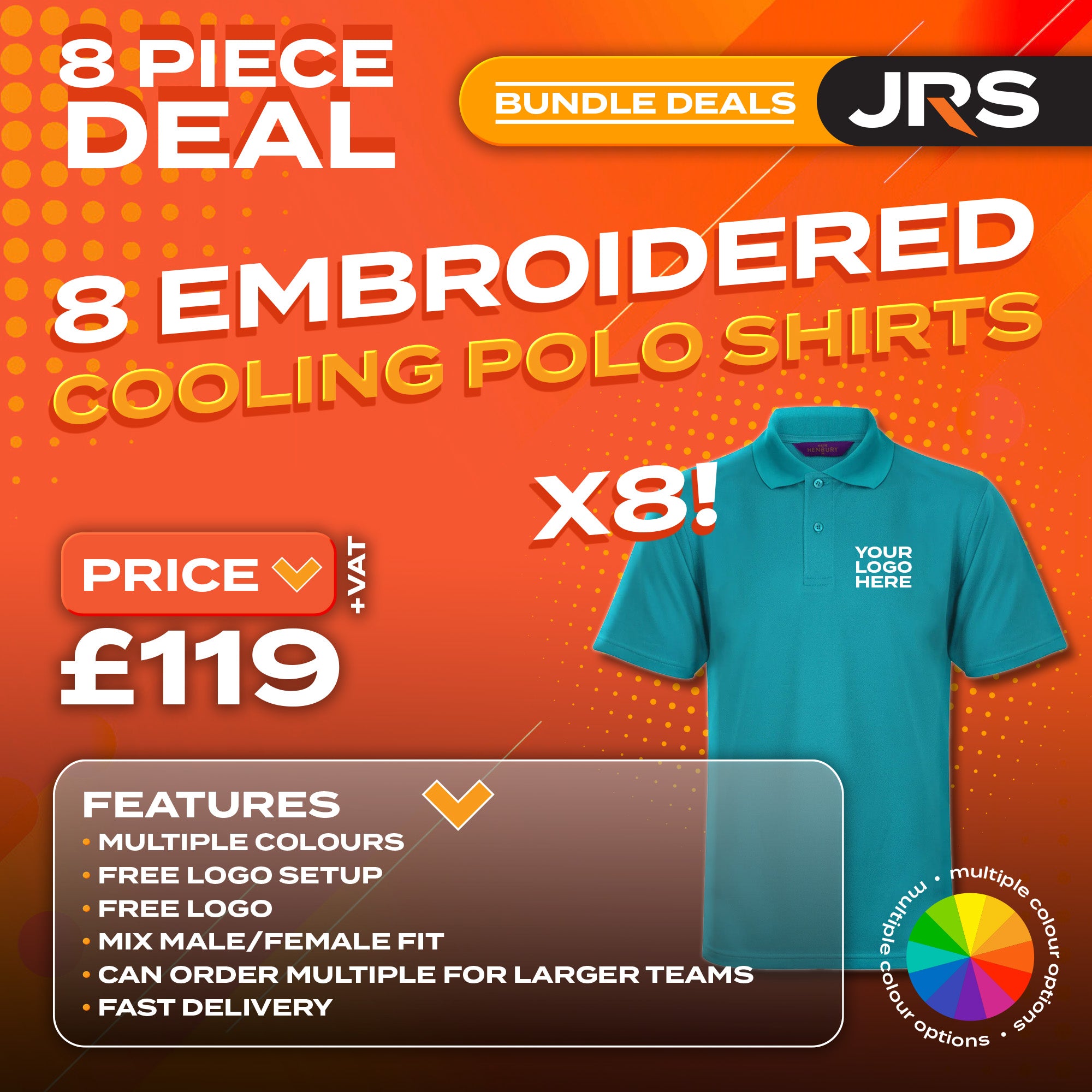 8 Personalised Embroidered/Printed Cooling Polo Shirts