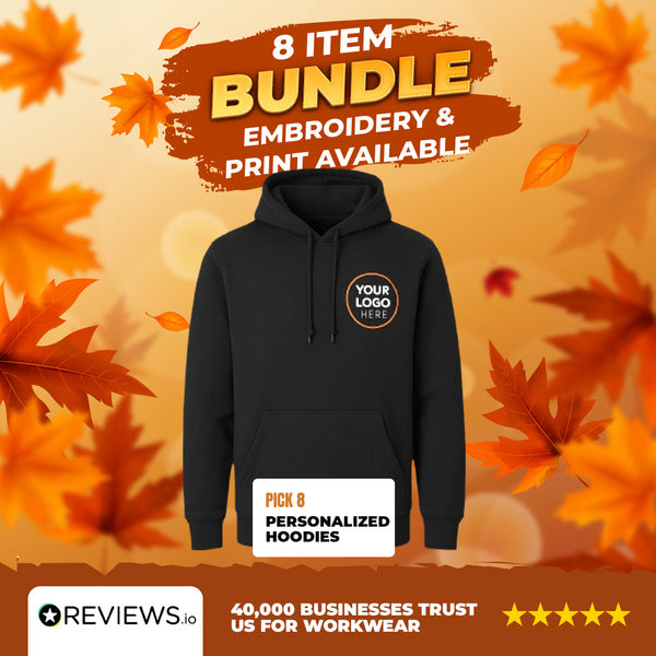 8 Personalised Embroidered/Printed Hoodies with Free Logo
