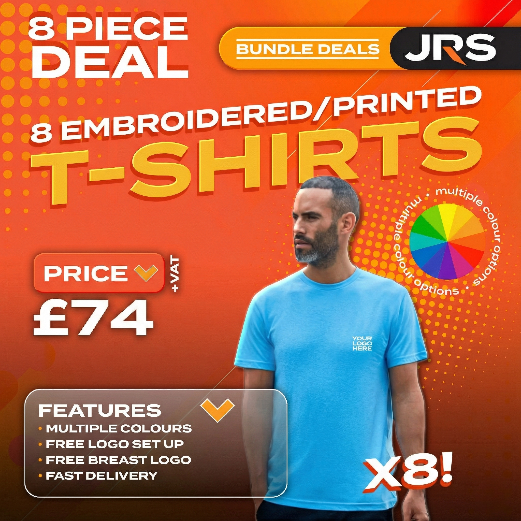 8 Personalised Embroidered Work T-Shirts with Free Logo