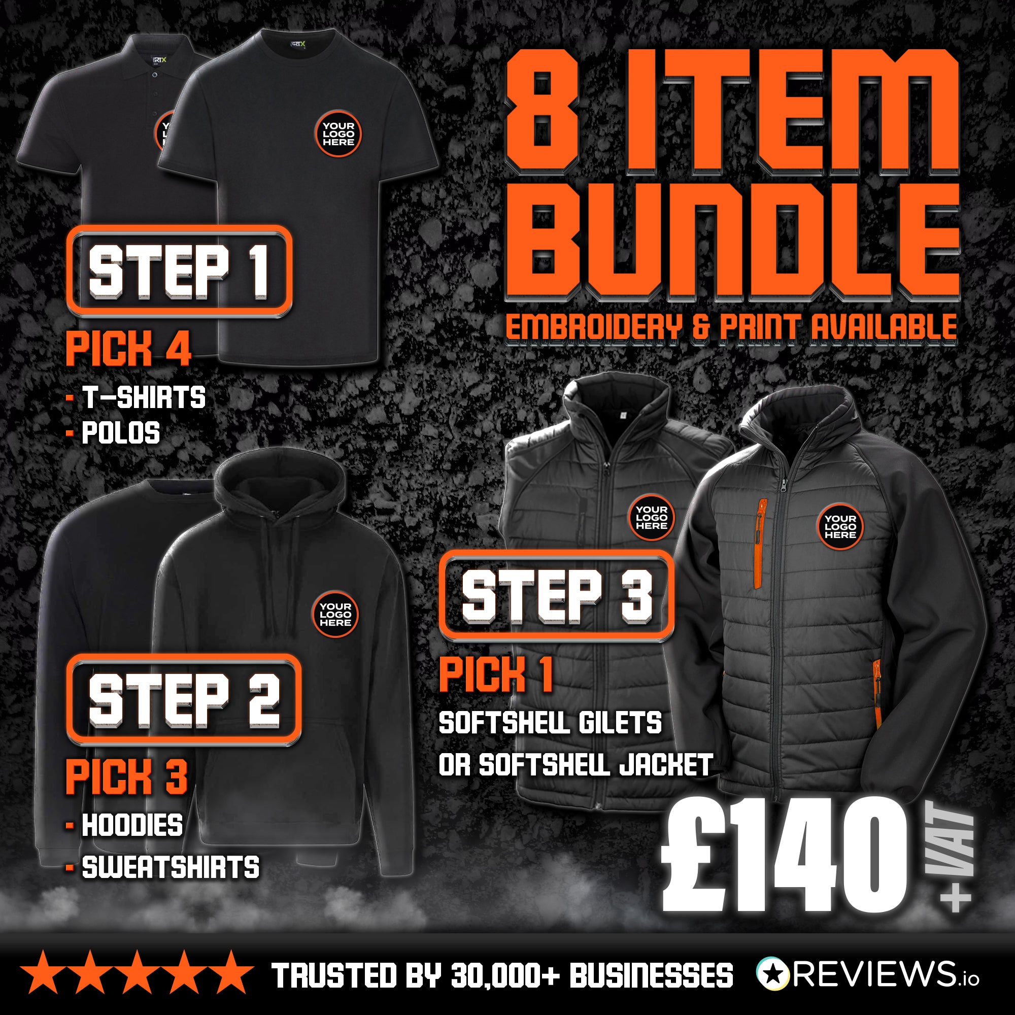 8 Item Lone Ranger Embroidered/Printed Workwear Bundle with Free Logo