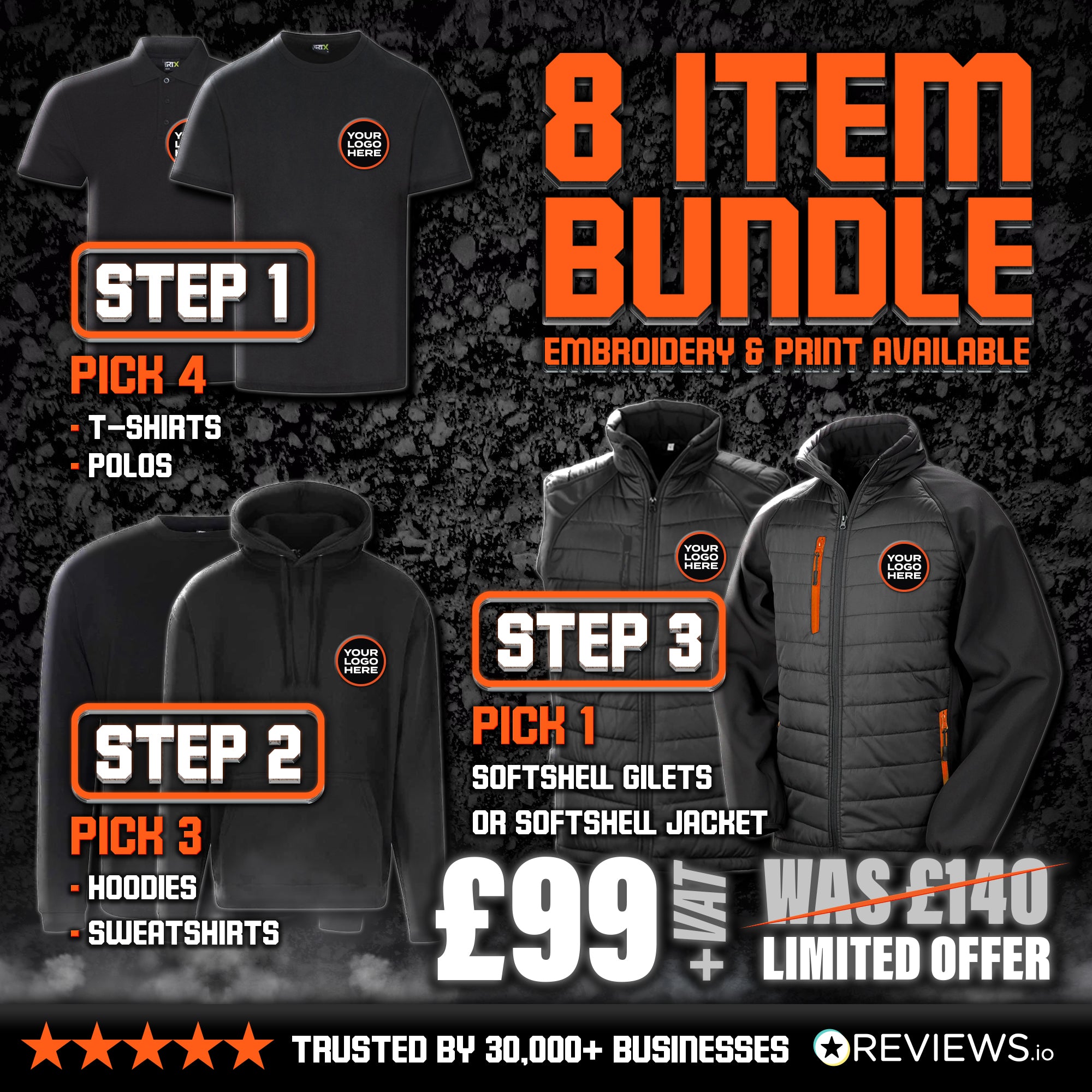 8 Item Lone Ranger Embroidered/Printed Workwear Bundle with Free Logo