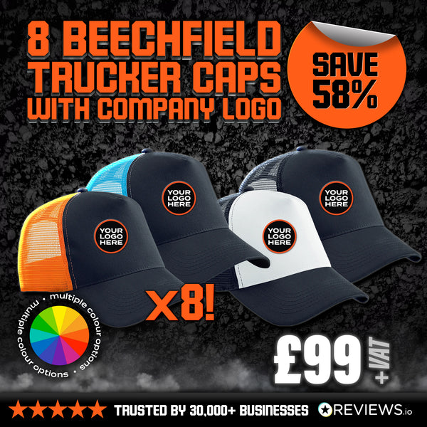 8x Beechfield Embroidered/Printed Trucker Caps Bundle with Company Logo