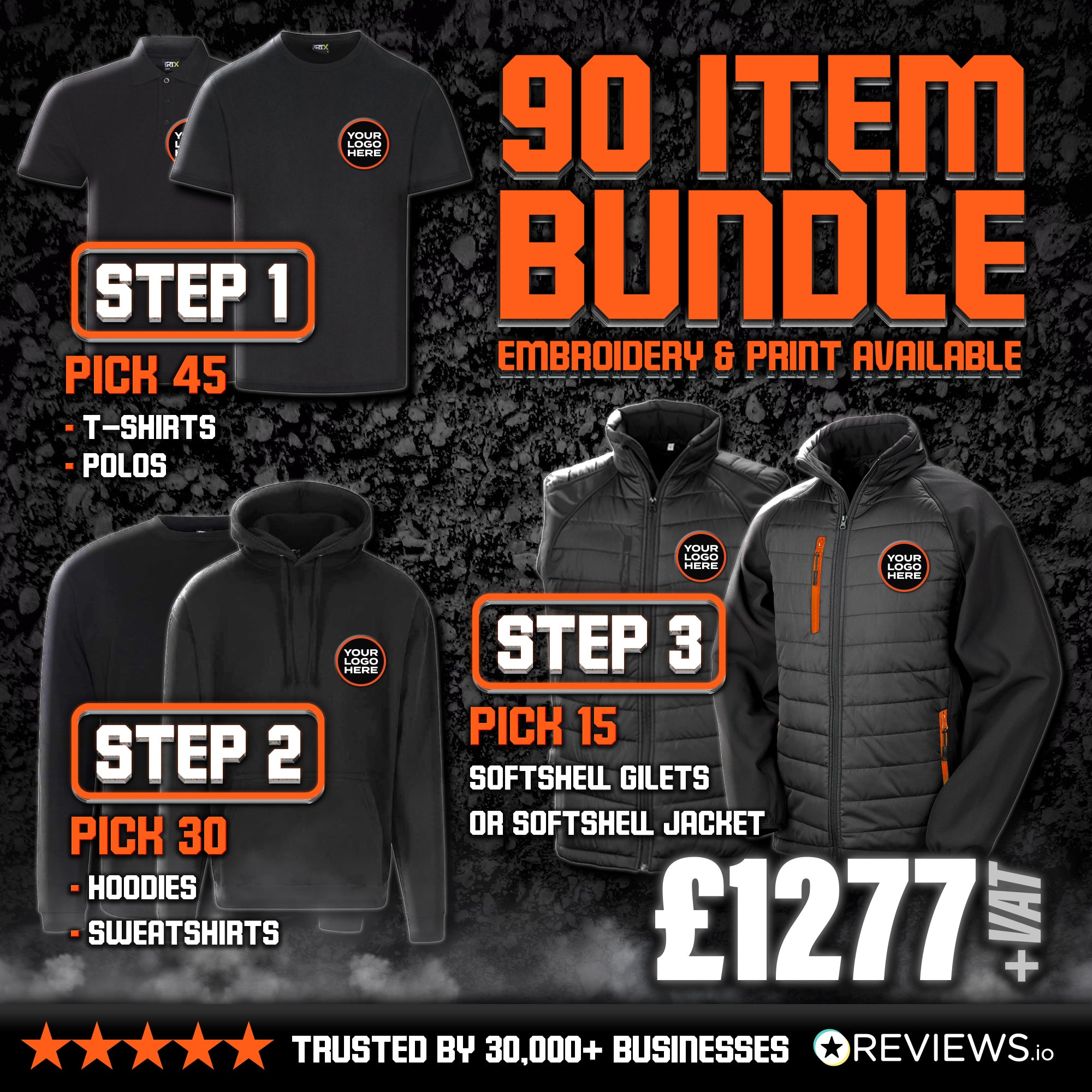 90 Item Embroidered/Printed Workwear Bundle Deal (Hoodies, Polo, Jackets & Gilet)