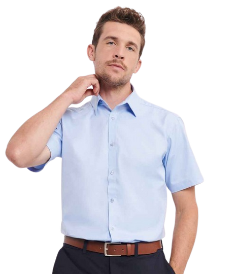 Russell Mens Short Sleeve Herringbone Shirt Light Blue