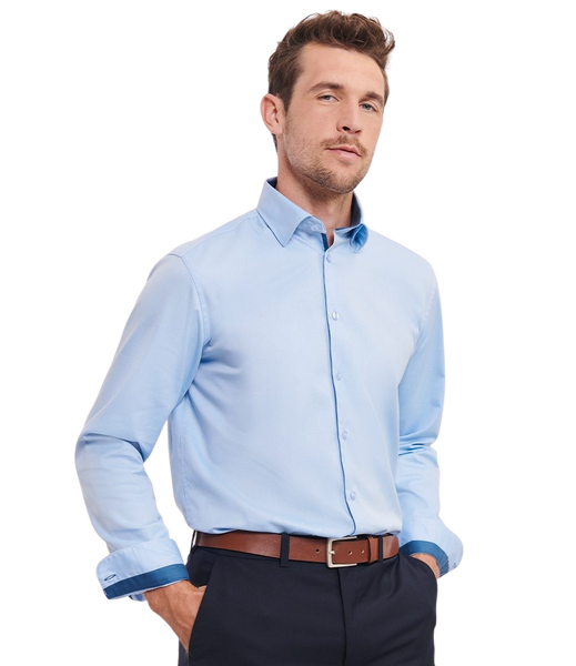 Russell Long Sleeve Tailored Contrast Herringbone Shirt - Light Blue/Mid Blue/Bright Navy