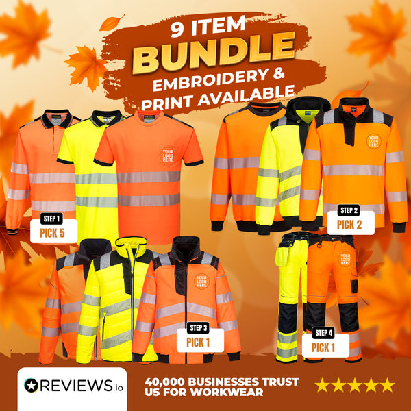 9 Item Embroidered/Printed Portwest PW3 Premium Hi-Vis Bundle Deal