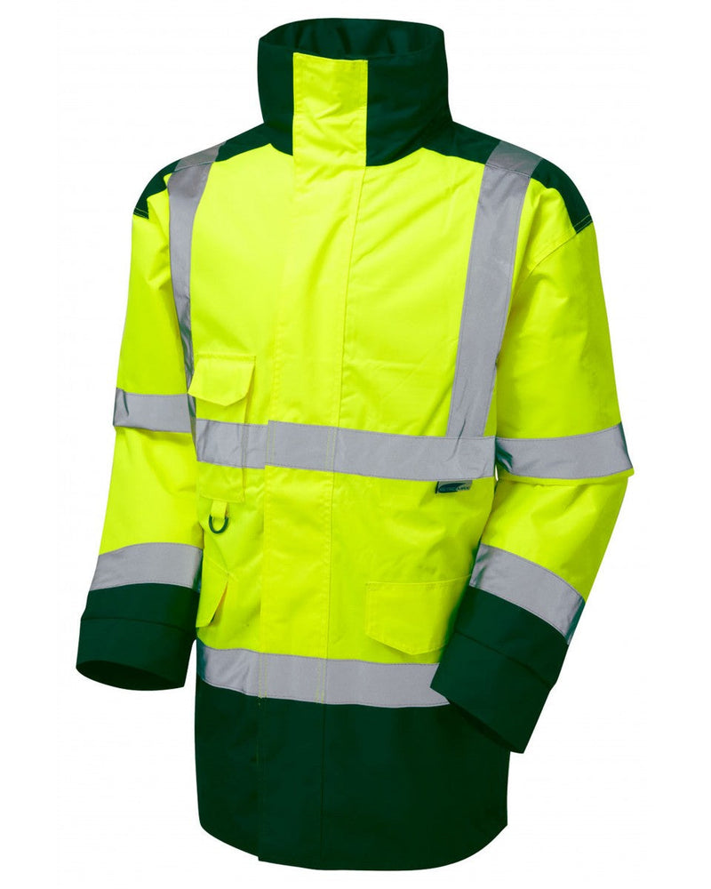 Leo Workwear Tawstock yellow and bottle green hi-vis vest for superior workplace safety