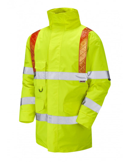 Leo Workwear waterproof safety jacket with reflective tape for high visibility and protection