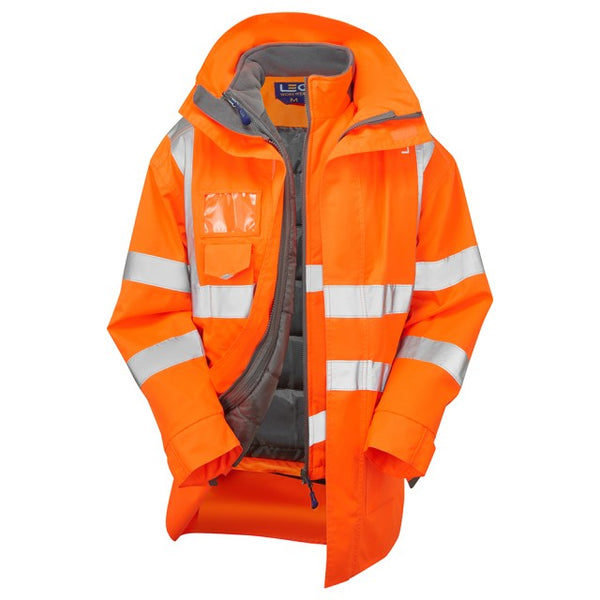 Leo Workwear hi-vis orange Clovelly jacket and bodywarmer set with reflective safety features