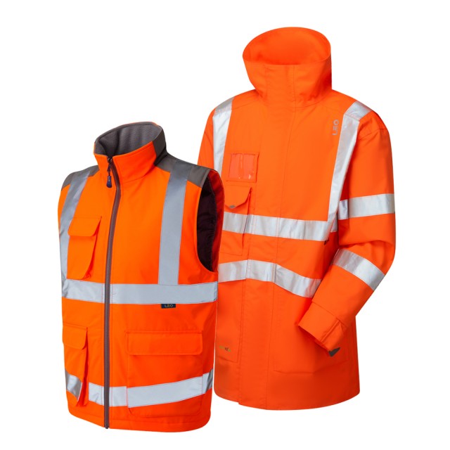 Leo Workwear hi-vis orange Clovelly jacket and Torrington bodywarmer combo for all-weather safety