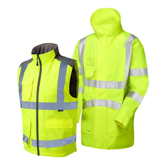 Leo Workwear hi-vis yellow bodywarmer side view showing reflective details and ergonomic fit