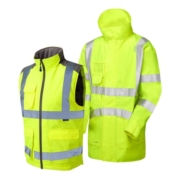 Leo Workwear yellow hi-vis bodywarmer with Clovelly hoodie – side profile showcasing layered safety wear