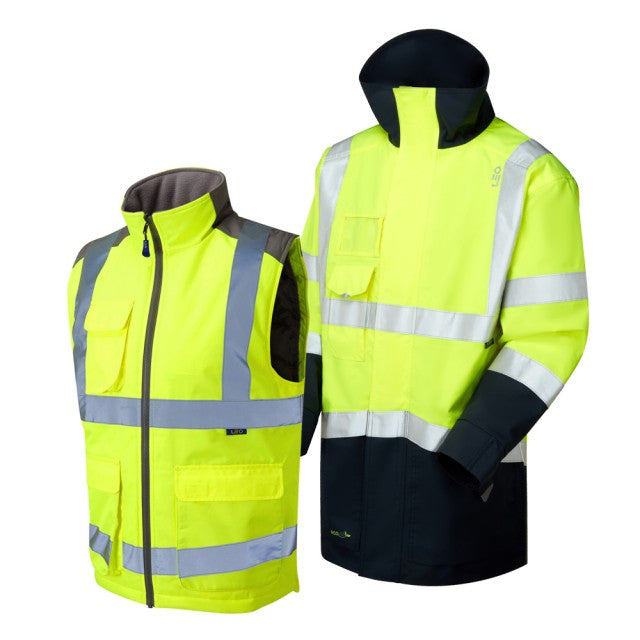 Leo Workwear hi-vis yellow Clovelly jacket and navy bodywarmer combo built for comfort and visibility