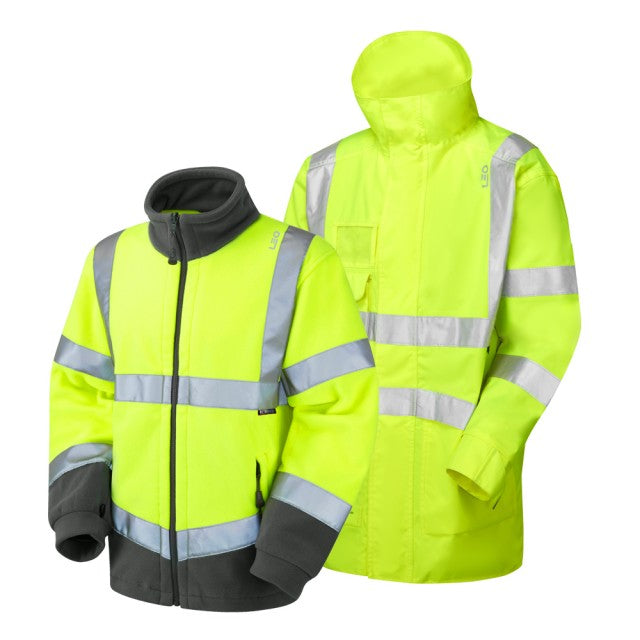 Leo Workwear hi-vis yellow fleece and Clovelly jacket set with reflective tape for worksite safety