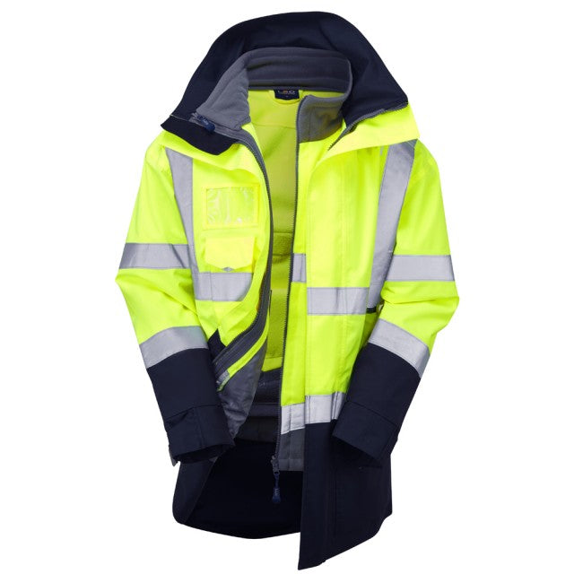 Leo Workwear hi-vis yellow and navy anorak and fleece set with reflective tape for worksite safety
