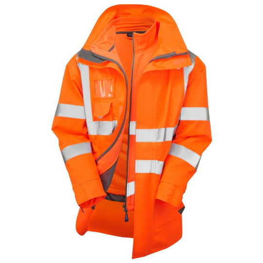 Leo Workwear 3-in-1 Clovelly anorak in hi-vis orange with the inner Buckland softshell jacket. 