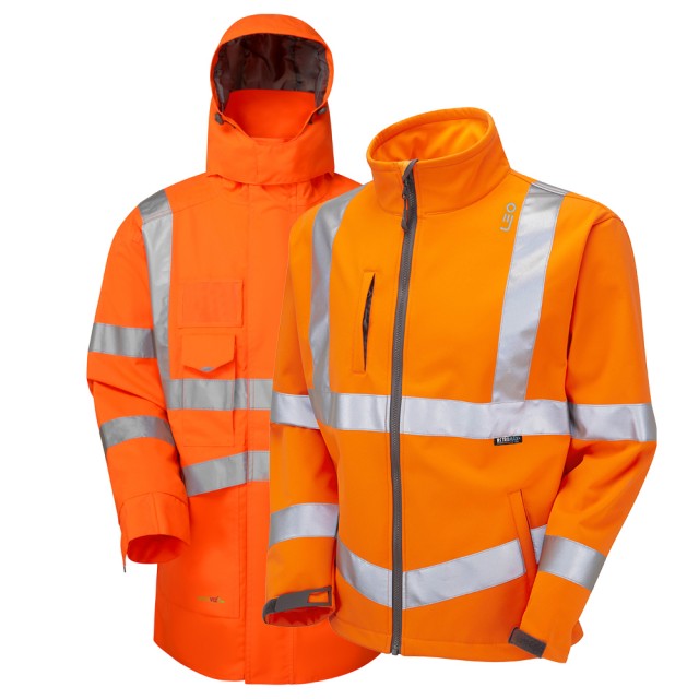 Back view of the hi-vis orange Leo Workwear 3-in-1 Clovelly anorak, showing the full jacket system for ultimate safety.