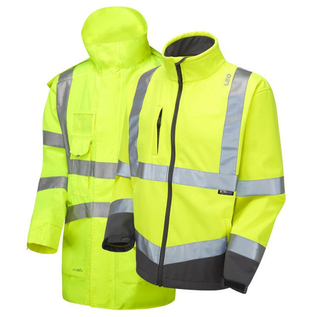 Back view of the complete Leo Workwear 3-in-1 Clovelly anorak in hi-vis yellow.