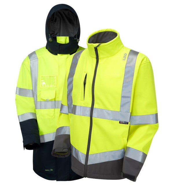 Rear view of the yellow and navy Leo Workwear 3-in-1 Clovelly anorak. Versatile and high-performing safety jacket.