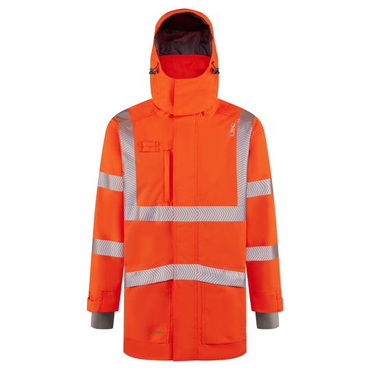 Leo Workwear PETROC Anorak - Orange - Front, hood up