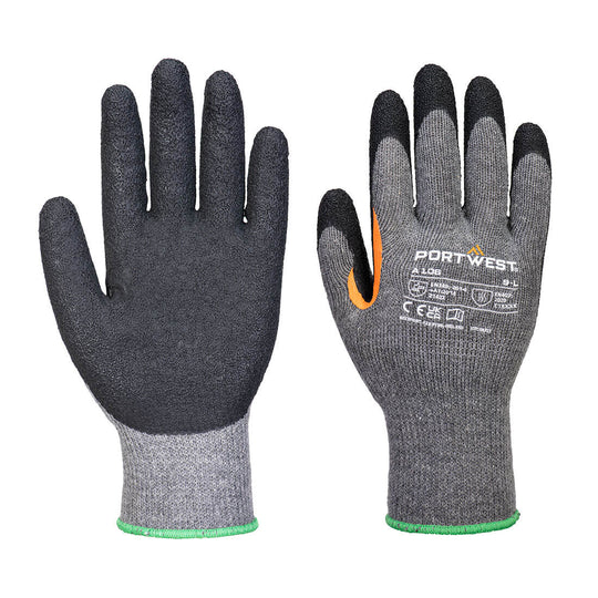 Portwest A106 grey knit gloves with textured black grip palm and orange thumb reinforcement, size 9L
