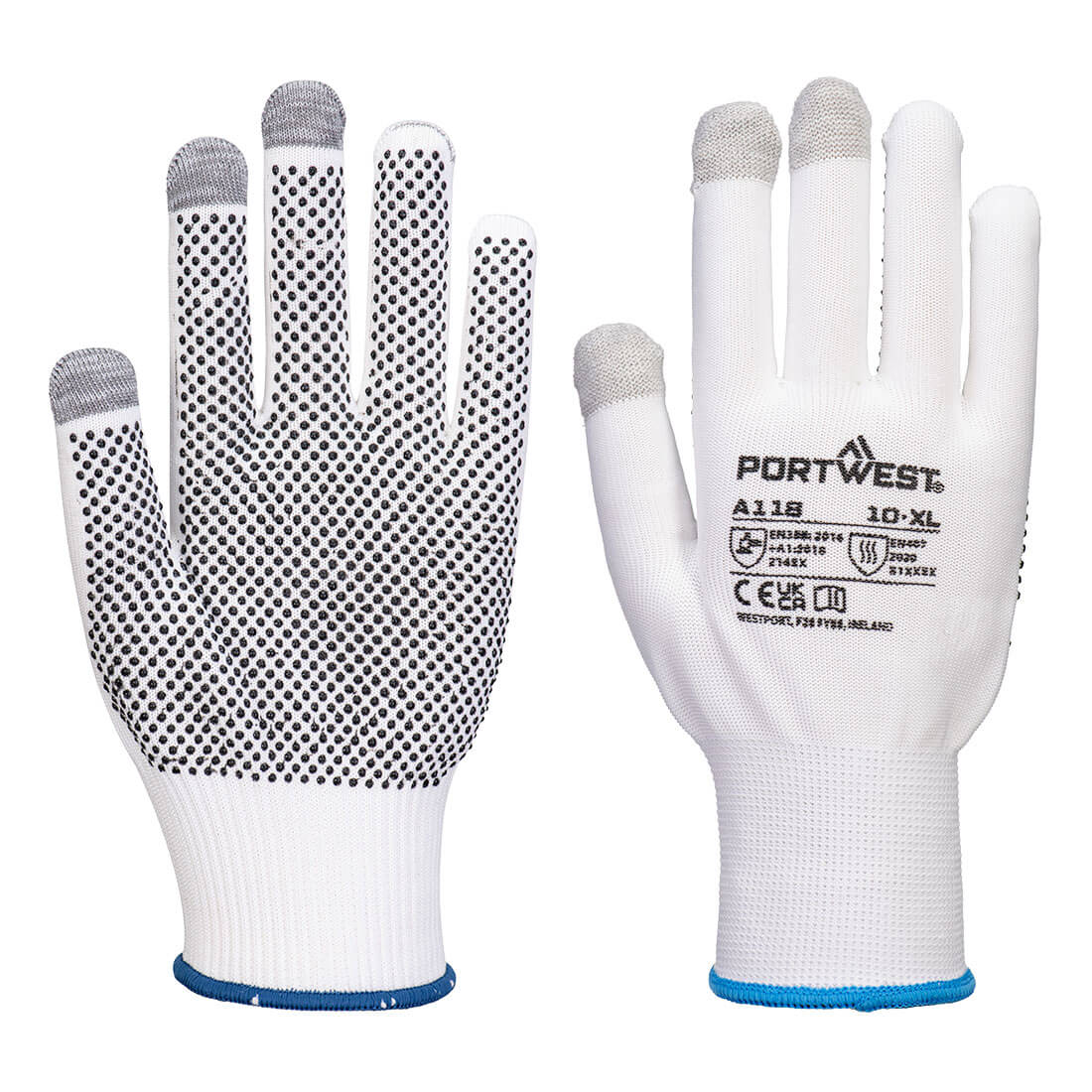 Portwest A118 white knit gloves with grey touchscreen fingertips and black PVC dot grips, size 10XL