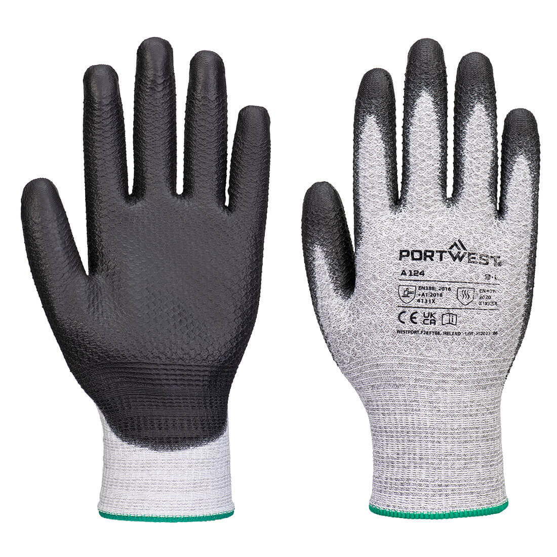 Portwest A124 light grey knit gloves with black sandy grip coating on palms and fingertips, size 9L