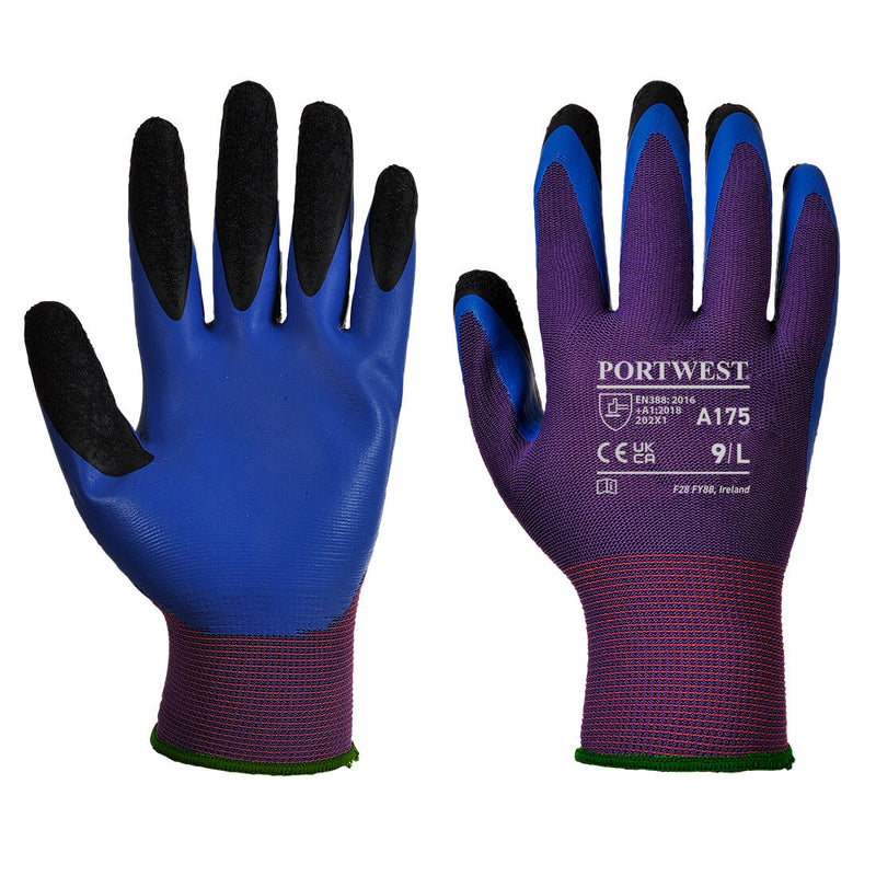 A pair of blue Portwest Duo-Flex gloves, model A175.
