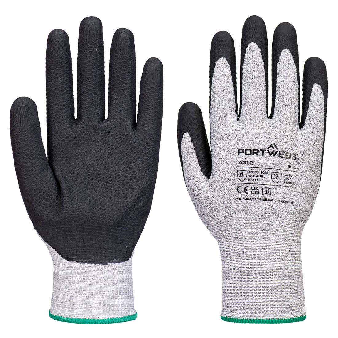 Portwest A312 grey seamless gloves with black textured grip coating and green cuff trim, size 9L