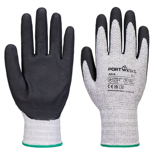 Portwest A312 grey seamless gloves with black textured grip coating and green cuff trim, size 9L