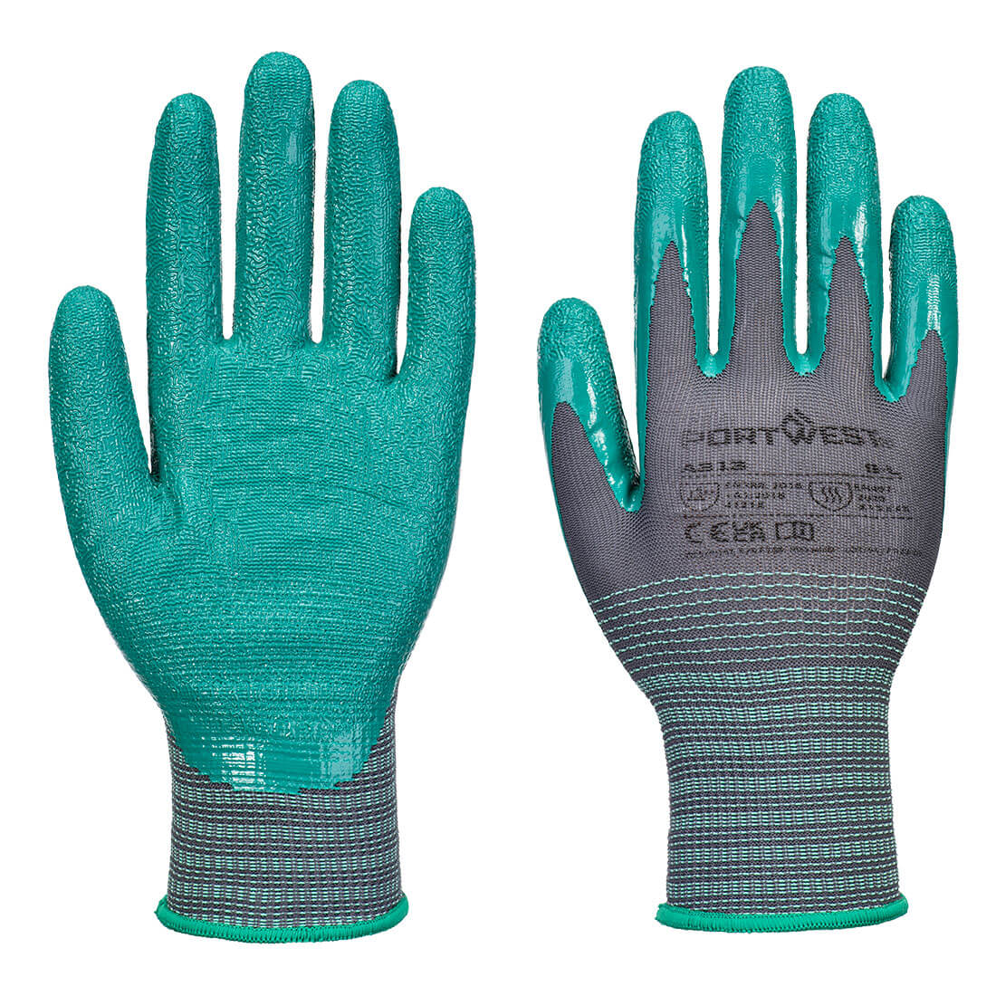 Portwest A313 dark grey seamless gloves with teal green sandy grip coating on palm and fingers and green cuff trim, size 9L