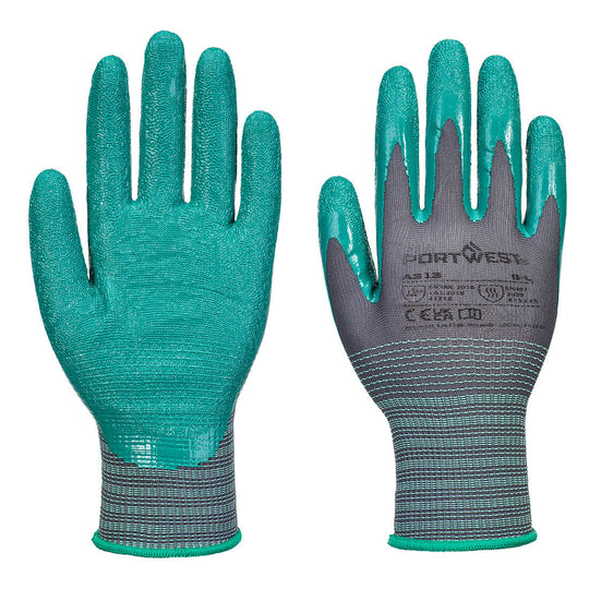 Portwest A313 dark grey seamless gloves with teal green sandy grip coating on palm and fingers and green cuff trim, size 9L