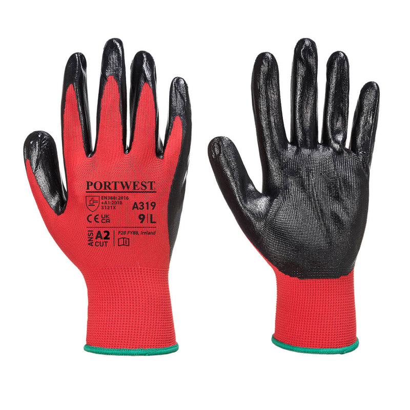 Portwest A319 red knit work gloves with black nitrile-coated palms and green cuff trim, size 9L