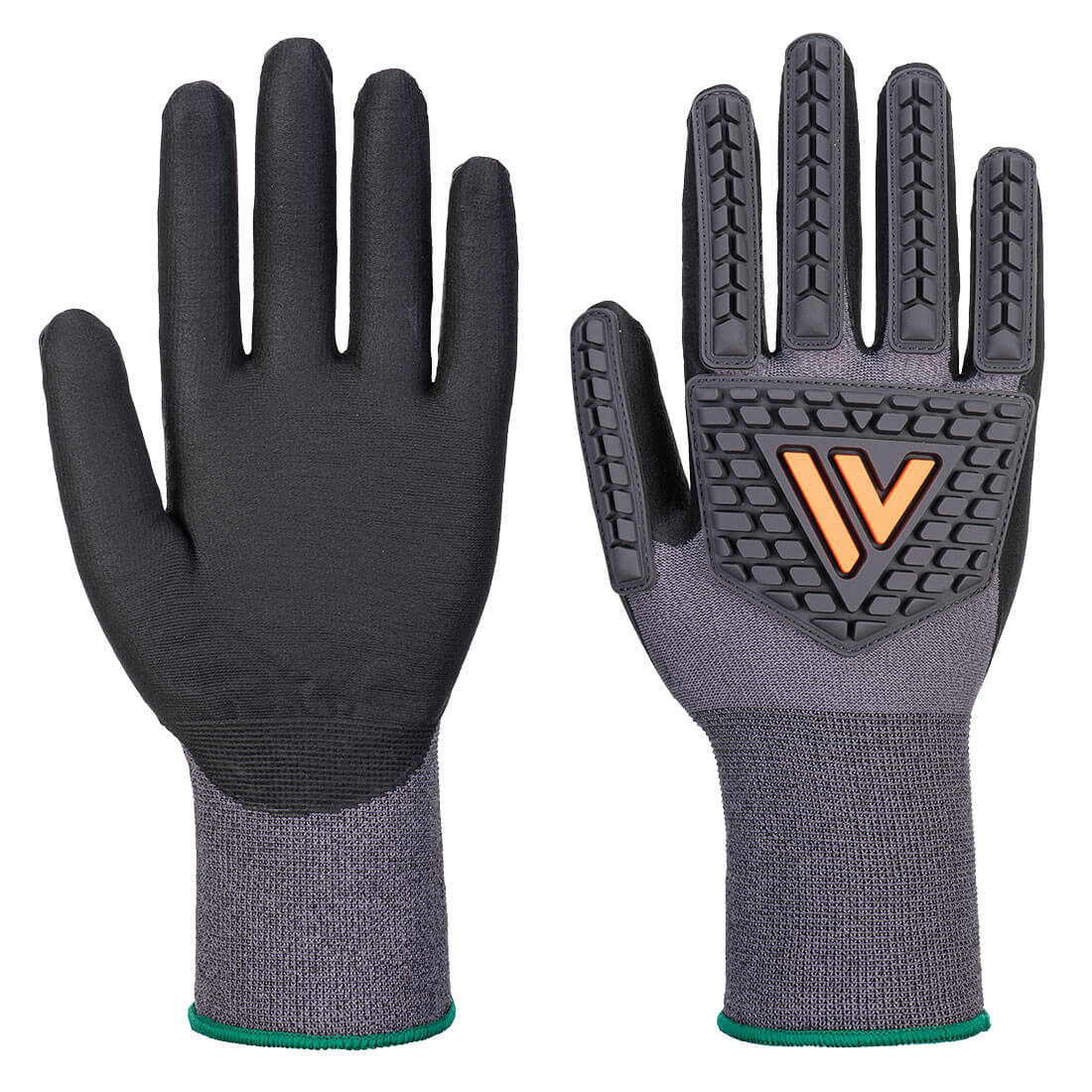 Black Portwest nitrile-coated impact gloves with textured palm and knuckle padding on backdrop