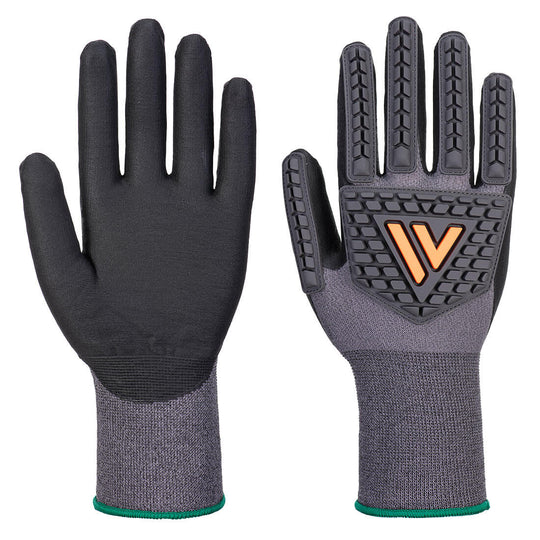 Black Portwest nitrile-coated impact gloves with textured palm and knuckle padding on backdrop
