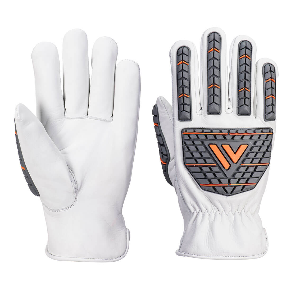 White Portwest leather impact-driver gloves with flexible knuckle guards, shown side by side