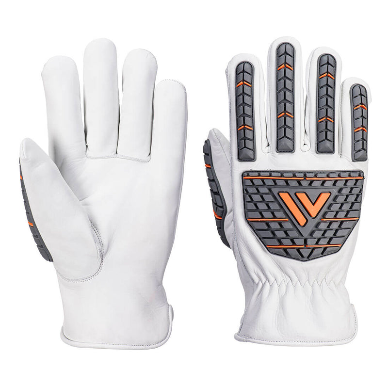 White Portwest leather impact-driver gloves with flexible knuckle guards, shown side by side