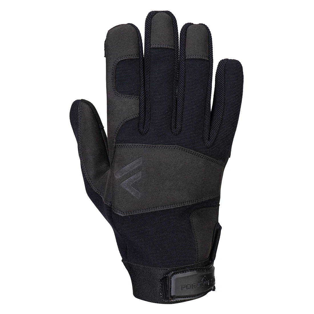 Black Portwest pro utility gloves with recycled nylon back, synthetic leather palm and wrist strap