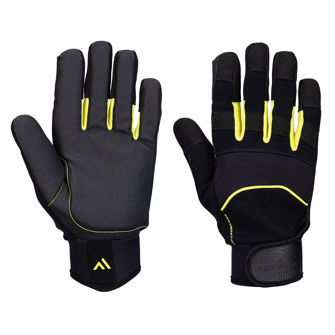 Black Portwest anti-vibration mechanics gloves with padded palms, front and back views