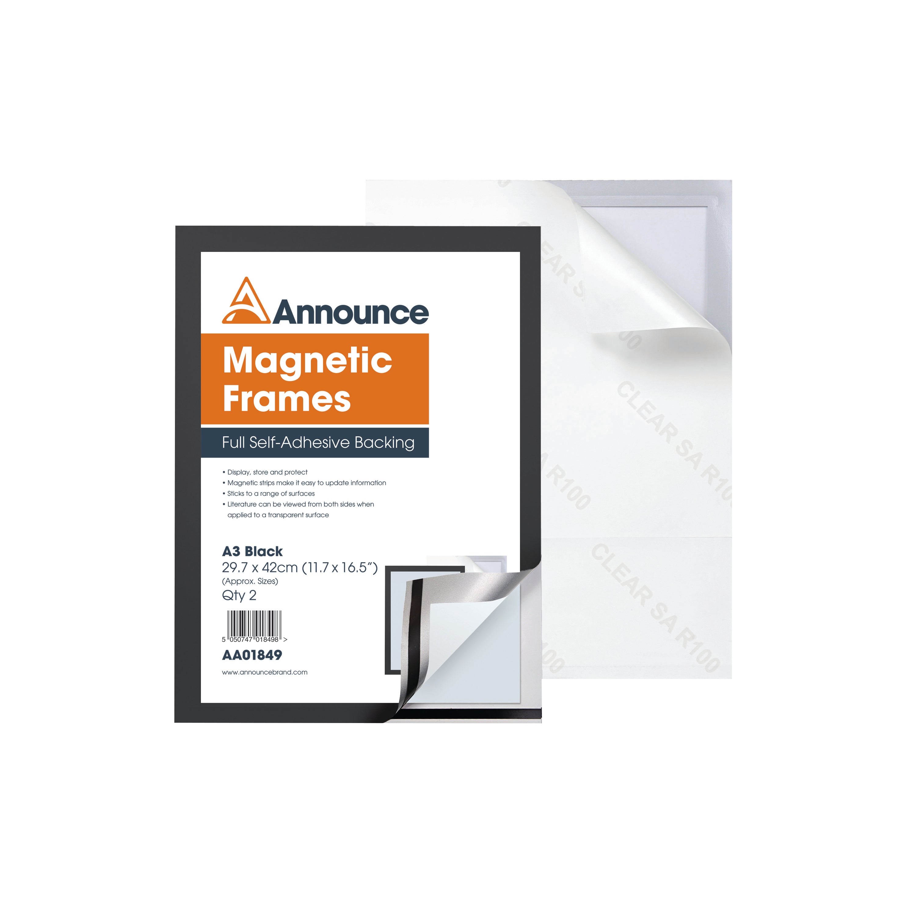 Pack of 2 Announce A3 magnetic document holders in a professional black finish (AA01849).