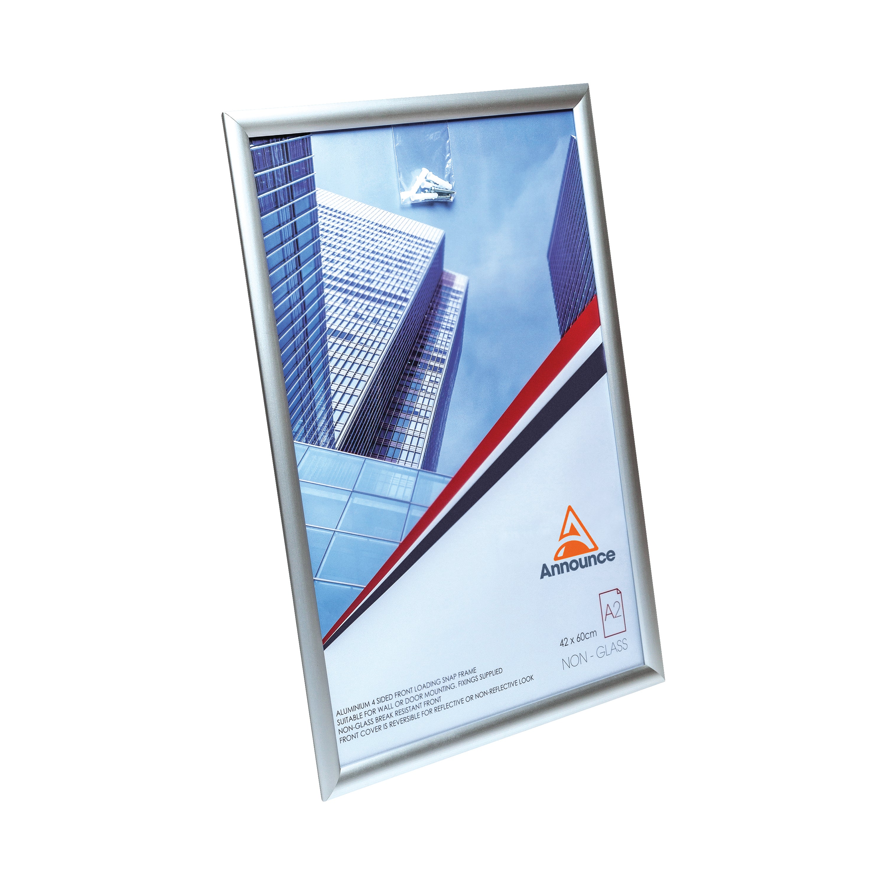 Announce A2 poster frame with silver aluminum finish, showing the snap-open edge.